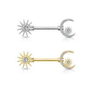 CZ Center Sun and CZ Paved Crescent Moon and Star 316L Surgical Steel Barbell Ni